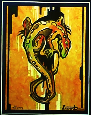 Lizard's Imagination. Pastels, ink, nib, acrylic. Size A4.  Some Native Americans believe lizards are guardians of the dreamtime.  $75 including frame!