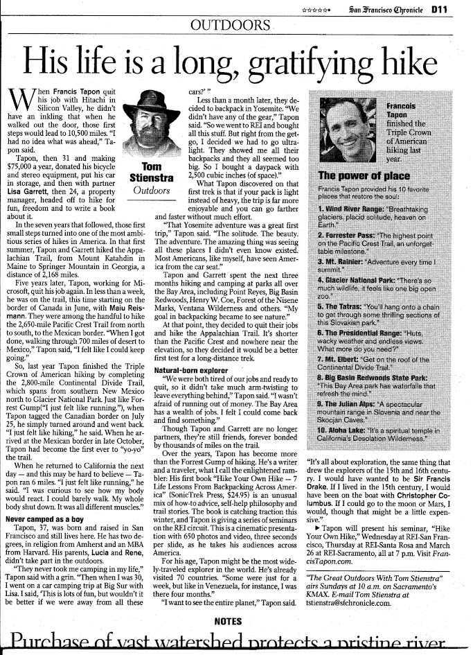 San Francisco Chronicle article about Francis Tapon "A Long Gratifying Hike"
