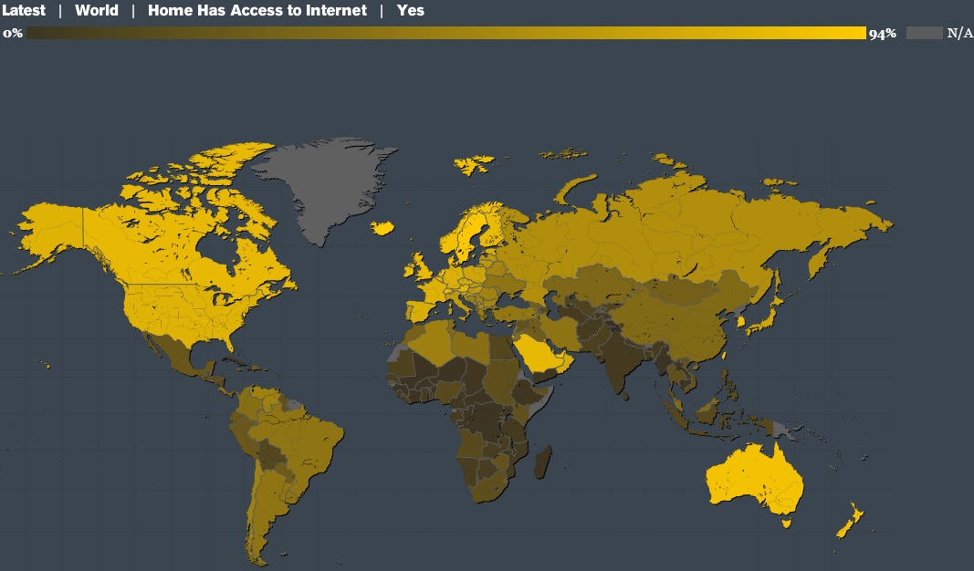 Map showing what percentage of people have Internet at home in each country